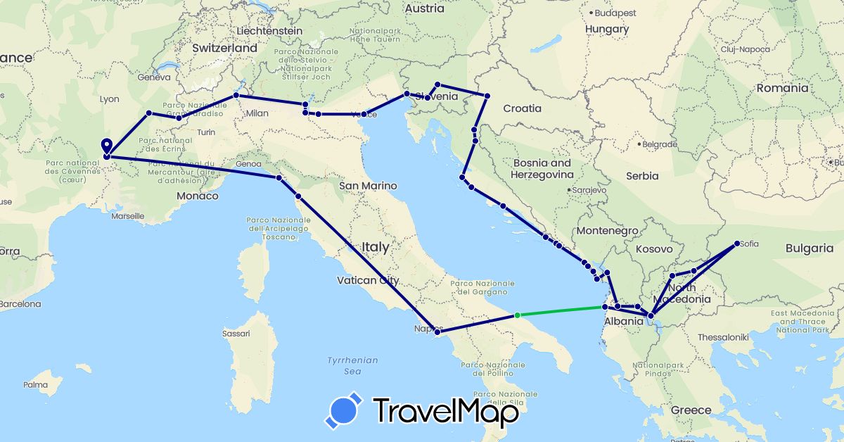 TravelMap itinerary: driving, bus in Albania, Bulgaria, France, Croatia, Italy, Montenegro, Macedonia, Slovenia (Europe)